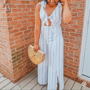 White & Blue Striped Jumpsuit